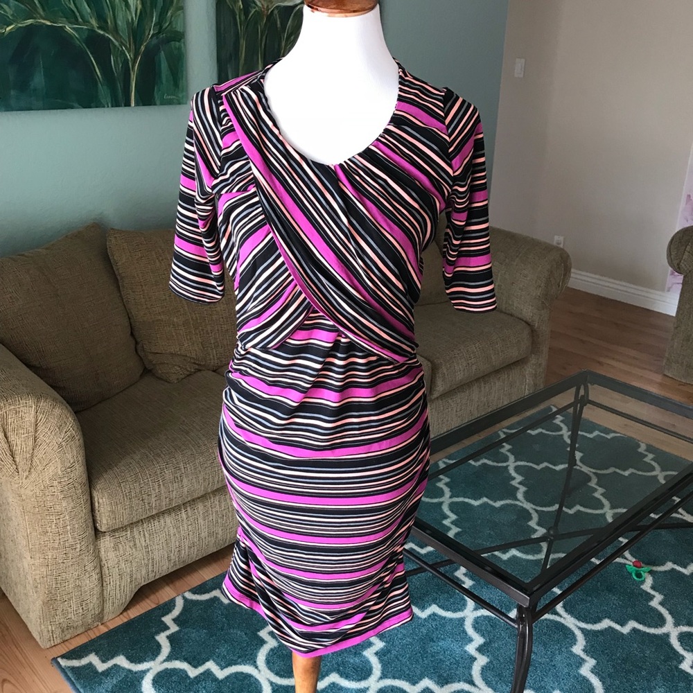 Maternity pink, black, coral, grey striped dress